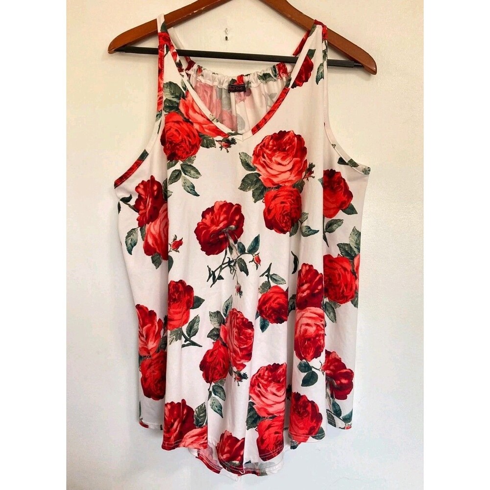 First Love Tank Top Womens 2X Cami Y2K Floral Boho Festival Flower Roses V-Neck